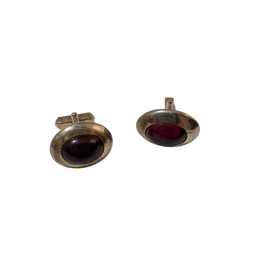Vintage Gold Tone Oval Cufflinks Red Cabochon Mid Century Modern Formal Mens